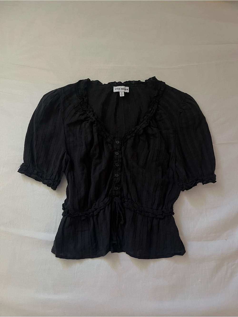 Y2K Steve Madden Black Stripped V-Neck Ruffle Button Puff Sleeve Blouse M